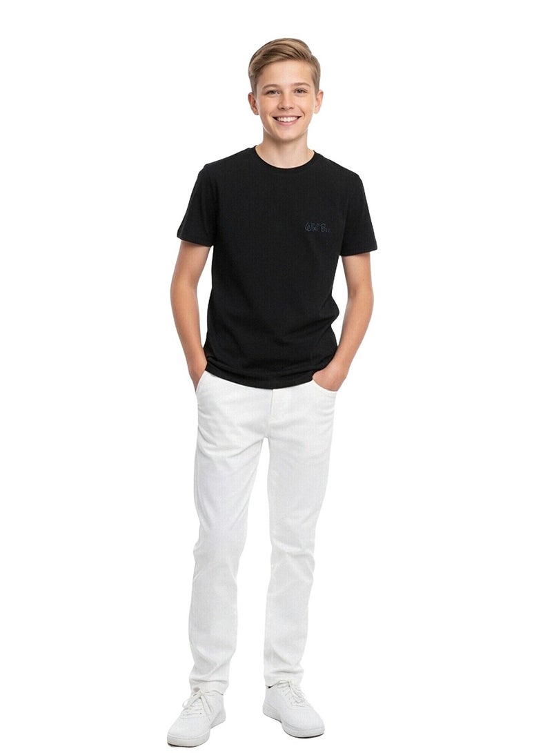WiNi BEE Boys' Black T-Shirt with Chest Embroidery | Short Sleeve Crew Neck Tee | Classic Cotton Top for Kids Ages 8-16 Years - Image 2